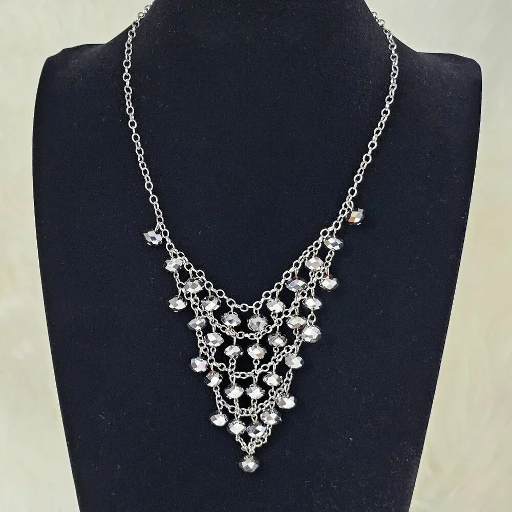 Cynthia Gale Art Deco Multi Strand Silver Tone Beaded Statement Bib Necklace